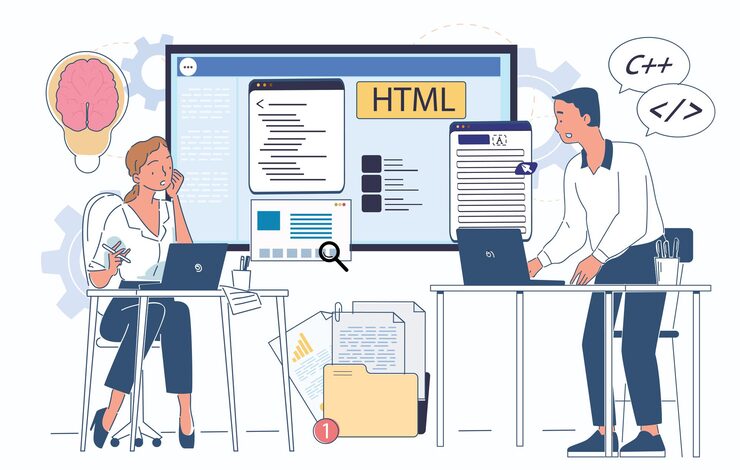 Vector 개발자들이 노트북과 함께 html 코딩을 위해 협력합니다. 코드 인터페이스를 보여주는 디지털 화면이 있습니다.
