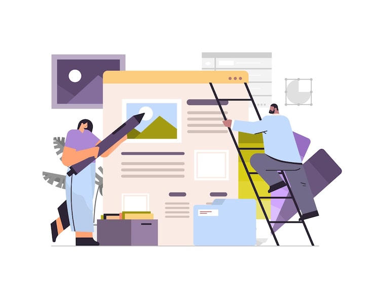 Vector developers couple creating website ui interface web application development program software optimization