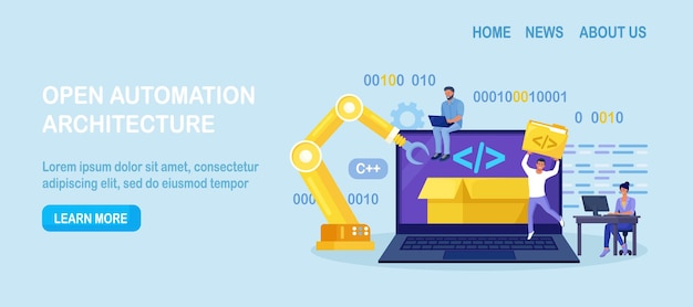 Sviluppatori che creano script software su computer con soft robotica aperta architettura di automazione aperta sviluppo gratuito open source programmatori sito web di programmazione per piattaforma internet design vettoriale