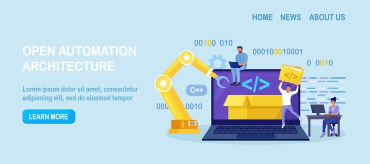Vector developers creating software script at computer with open robotic soft open automation architecture open source free development programmers programming website for internet platform vector design