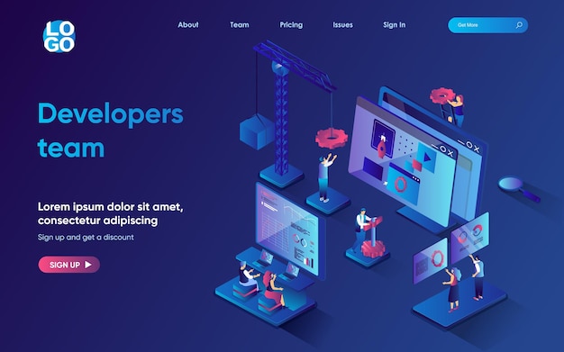 Developers team concept 3d isometric web landing page People develop programs and applications