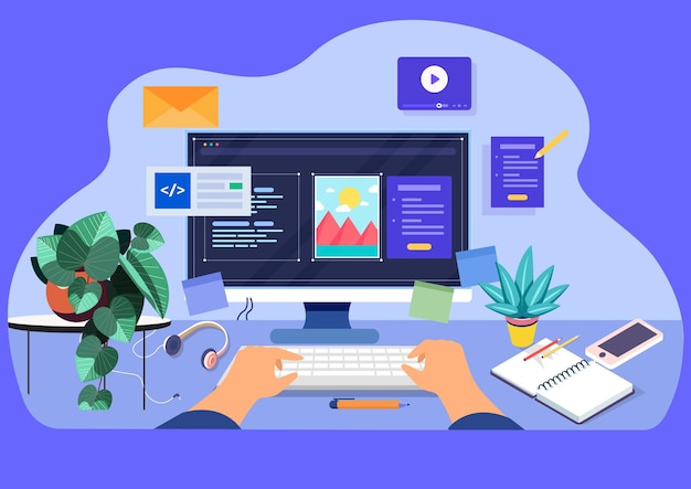 Developers workspace with computer keyboard and coding interface