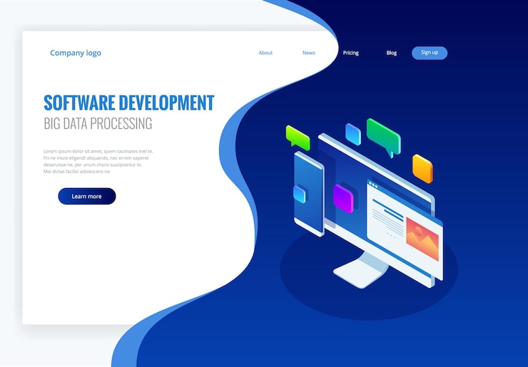 Vector developing programming and coding technologies concept. website design. big data processing, computing isometric vector illustration.
