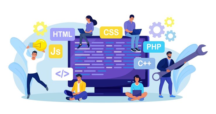 Vector developing programming and coding technologies and engineering development. programmer or developer create code. computer screen with codes. developer work with task, coding software using pc