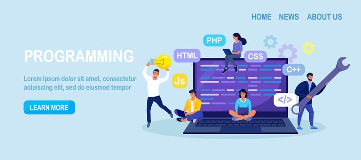 Vector developing programming and coding technologies and engineering development. programmer or developer create code. laptop screen with codes. developer work with task, coding software using pc