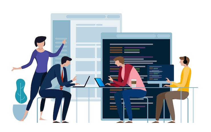 Vector developing programming and coding technologies website design programmer working in a software