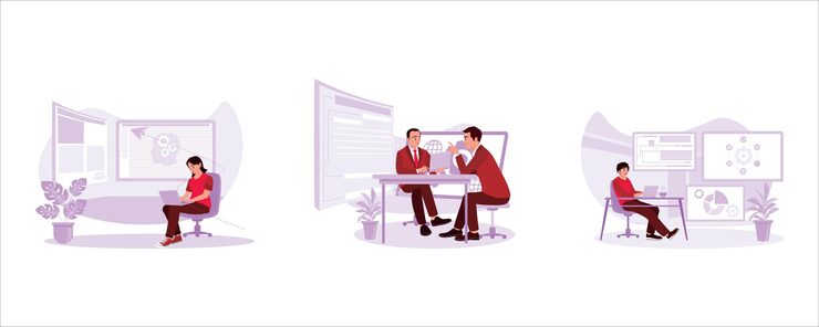 Vector developing programming and coding technology programmer working in office programming code