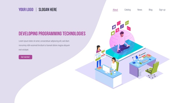 Developing programming technologies Technology process of digital software development on programming languages data processing business solutions Landing page template Isometric vector