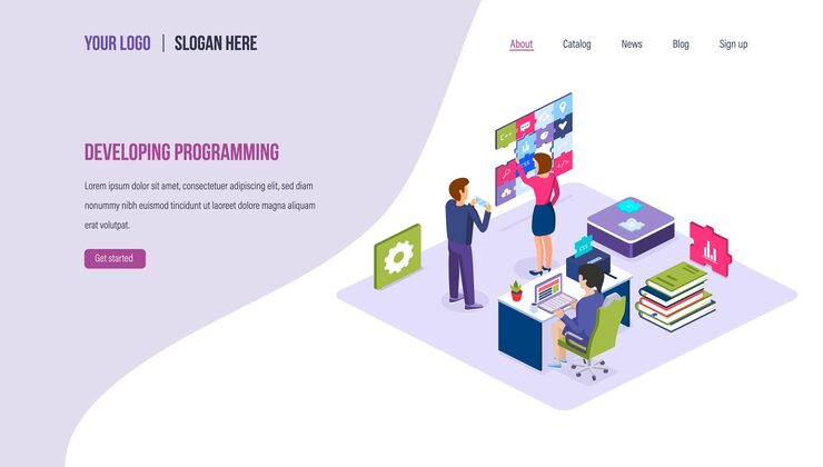 Vector developing programming. technology process of software development. programming application code in high-level languages, seo, mobile app, business solutions. landing page template. isometric vector.
