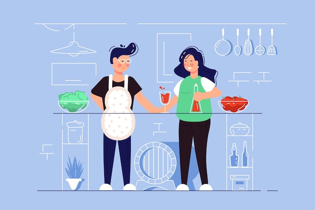 Developing small business vector illustration Cartoon man and woman standing at workplace flat style concept Kitchen cafe interior with kitchenware and foodstuffs Support local biz