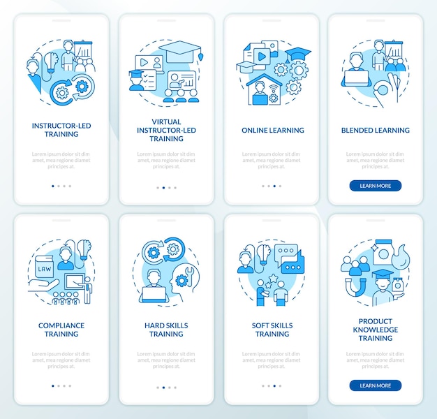 Developing training programs blue onboarding mobile app screen set