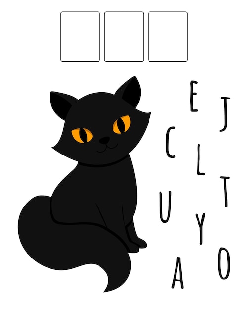 Development of a child, schoolchild, preschooler. Learning English. Puzzle game. Black cat.