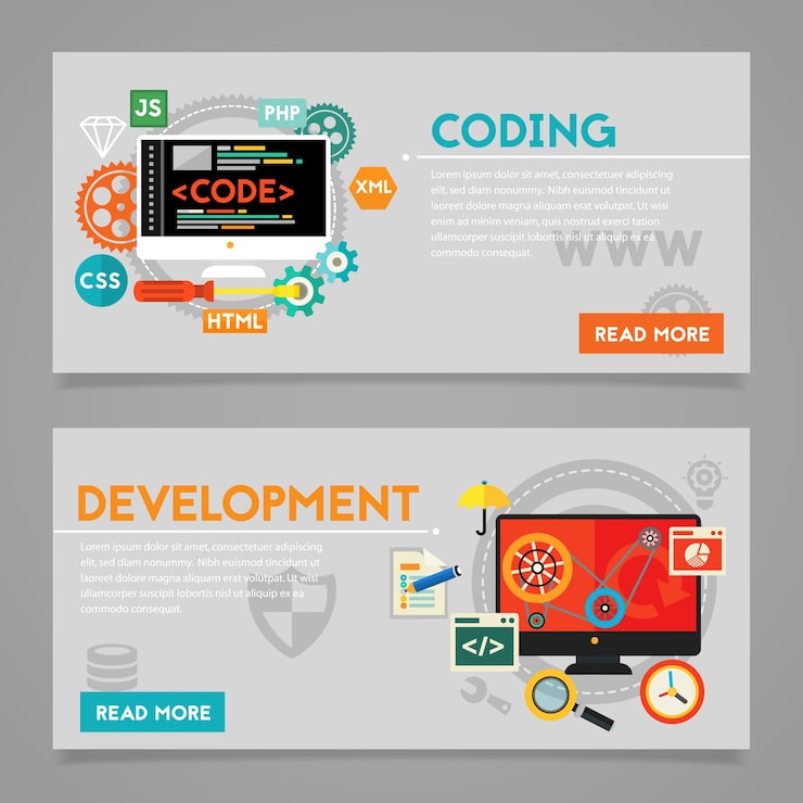 Vector development and coding, scripting and website development concepts. horizontal banners