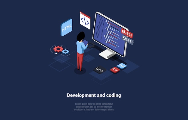 Development And Coding Vector Illustration In Cartoon 3D Style On Dark Background. Conceptual Isometric Design. Process Of Programming, Modern Profession. Making Of Program Or Mobile Applications