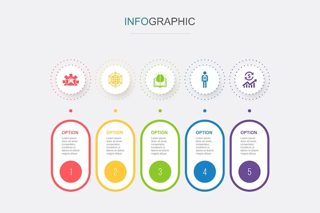 Sviluppo soluzione globale conoscenza investitore economia icone modello di progettazione infografica concetto creativo con 5 passaggi