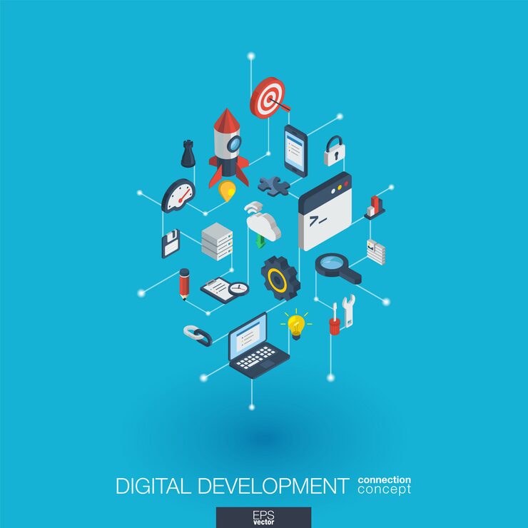 Vector development integrated  web icons. digital network isometric interact concept. connected graphic  dot and line system. abstract background for programming, coding, app .  infograph