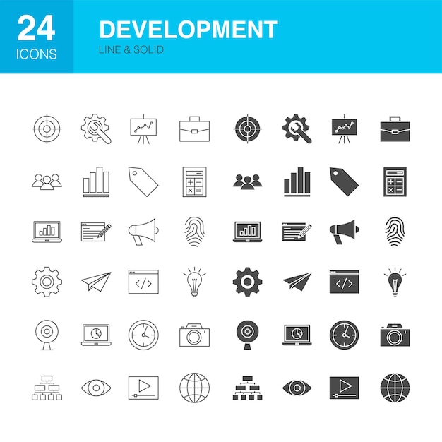 Development line web glyph icons. vector illustration of computer outline and solid symbols.