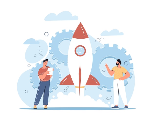 Development process concept men launch rocket businessmen or entrepreneur develop startup innovation