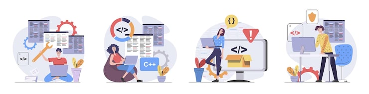 Vector development and programming concept with people scenes set in flat web design collection of character situation with programmers working and creating software code on screens vector illustrations