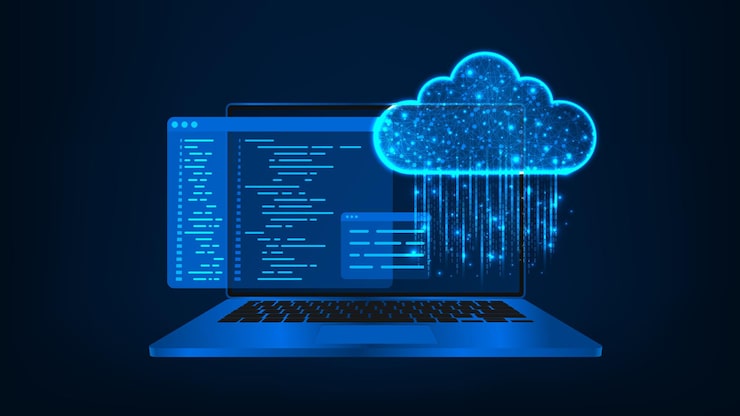Вектор development software programming concepts abstract programming code with cloud on laptop