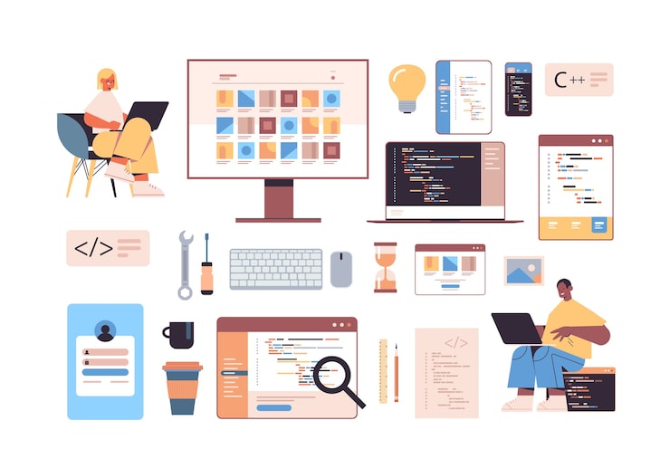 Vector development of software and programming icons set with mix race web developers using laptops creating program code 
