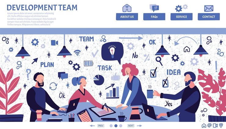 Vector 개발 팀 랜딩 페이지 템플릿 도들 문자 그림 웹 사이트 디자인 해커톤 사무실 개발자 프로세스 작업 터 일러스트레이션