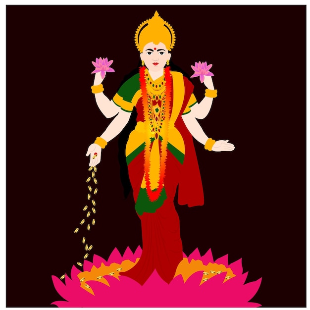 Devi Lakshmi Indian Hindu Goddess Vector Illustration