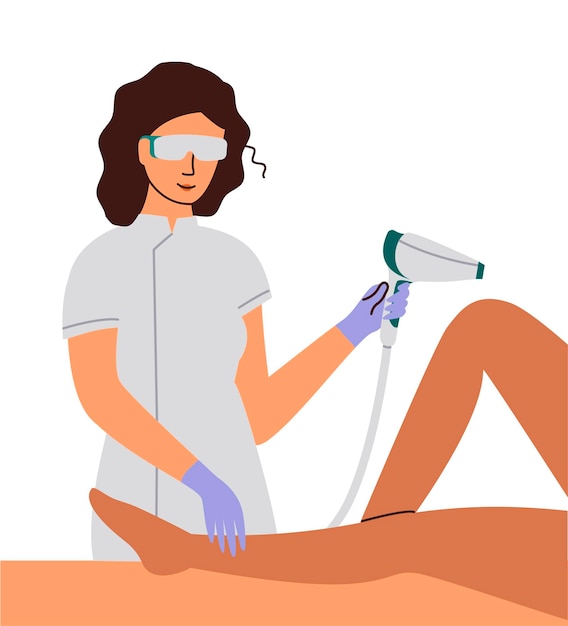Вектор Устройство для красоты и здоровья девушка выполняет удаление волос с помощью лазерного устройства