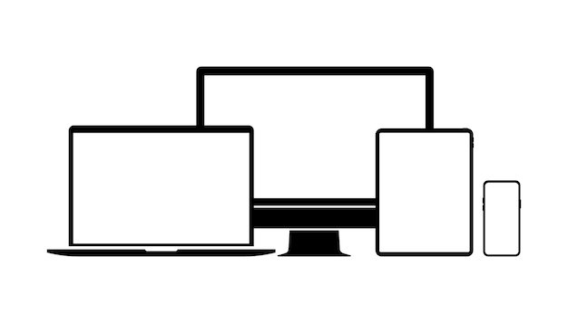 Icone del dispositivo. smartphone, tablet, laptop, computer desktop. set di icone dei dispositivi. dispositivi elettronici, illustrazione vettoriale