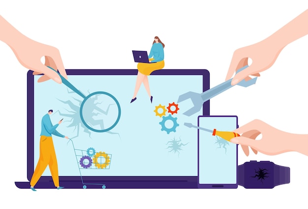 device repair service concept vector illustration flat tiny man woman people character use mobile laptop technology huge hands fix
