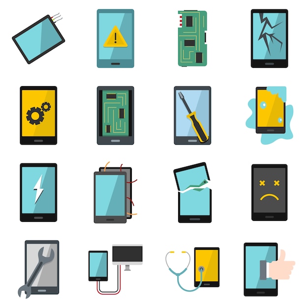 Vector device repair symbols icons set in flat style