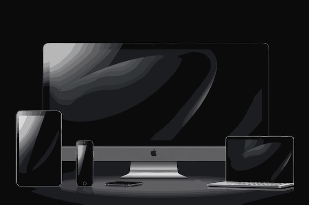 Вектор Набор устройств: реалистичные компьютерные мониторы, ноутбуки, планшеты и смартфоны с изолированным черным экраном