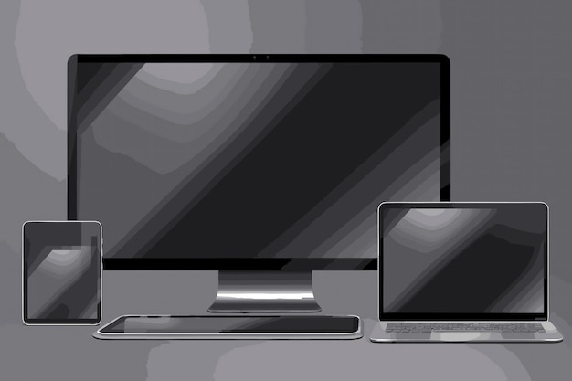 Vettore set di dispositivi di computer portatili, monitor, tablet e smartphone realistici con schermo nero isolato