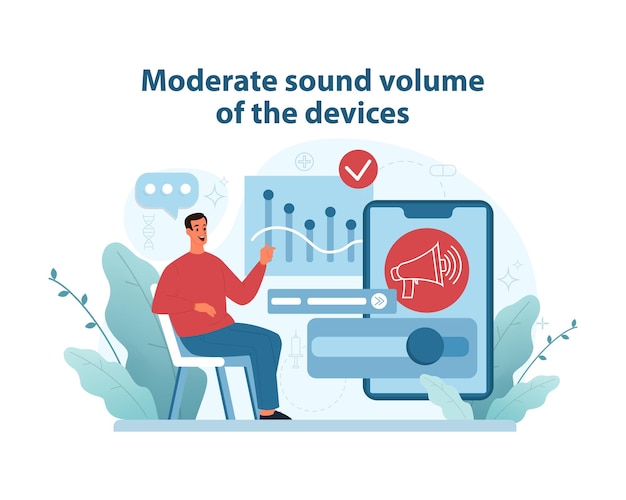 Device volume control illustration of a person managing the volume on a device to maintain moderate