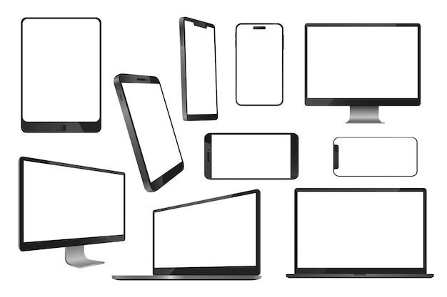 Devices and gadgets mega set in 3d realistic design Bundle elements of tablets smartphones computers televisions laptops with empty white screens Vector illustration isolated graphic objects