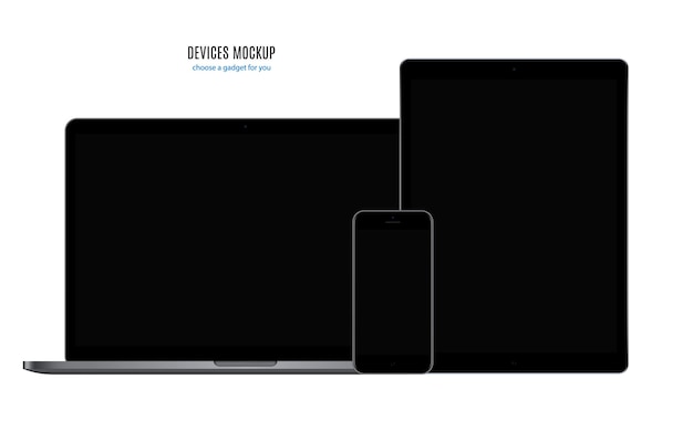 Mockup di dispositivi di tablet smartphone e laptop colore nero con schermo nero