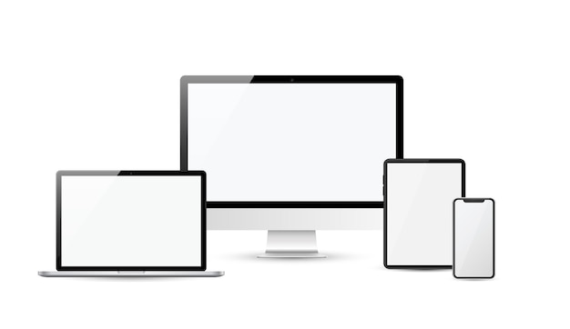 透明な背景にリアルなトレンディなデザインのデバイス。コンピューター ラップトップ タブレットのセット