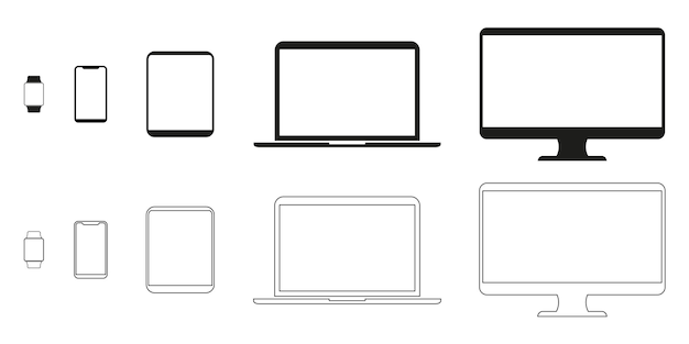 장치 벡터 아이콘은 스마트 시계, 스마트폰, 태블릿, 노트북, 데스크톱 컴퓨터를 설정합니다. 벡터 일러스트레이션