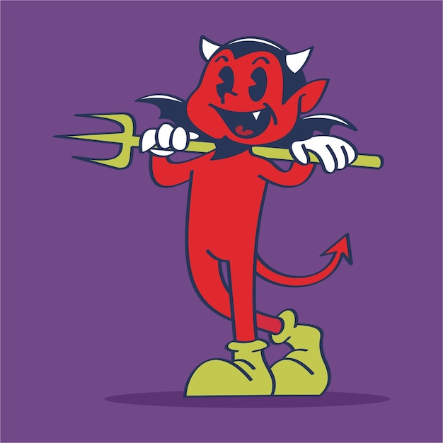 Sorriso del personaggio dei cartoni animati del diavolo che tiene il tridente con il disegno a mano di forte espressione