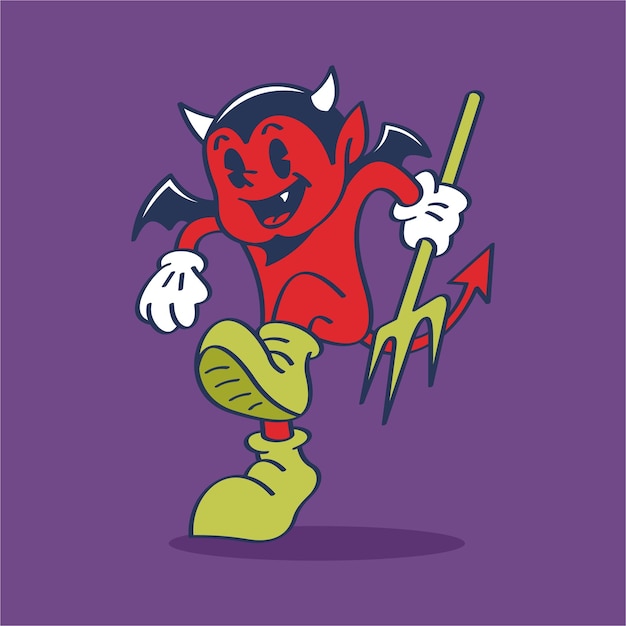 Devil Cartoon Character Step Step Leg Holding Trident with Strong Expression Hand Drawing