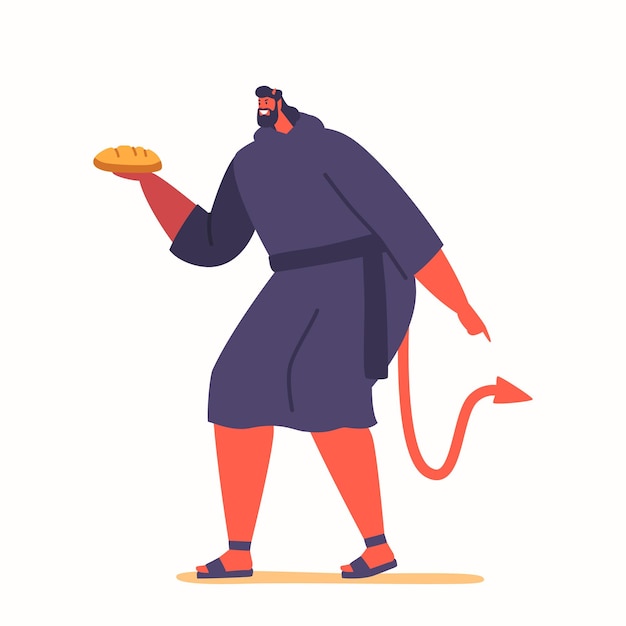 Devil Character With Bread in Hands Symbolizes Satan's Temptation Of Jesus In The Wilderness Offering Him Food