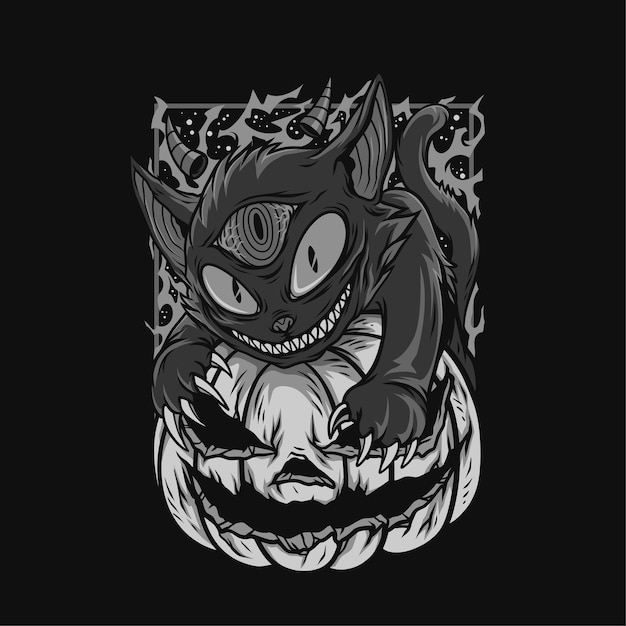 devil eyes cat halloween black and white illustration