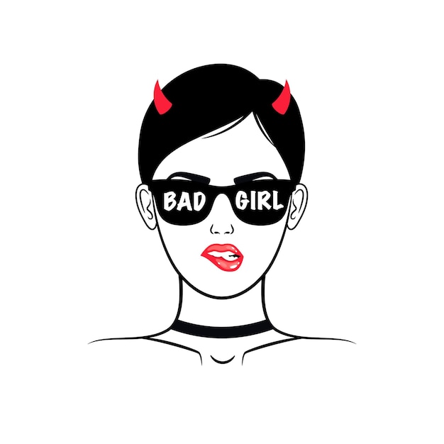 Devil girl. Cartoon beautiful determined woman with horns and glasses, sensual sexy red lips, vector illustration portrait of young bad girl isolated on white background