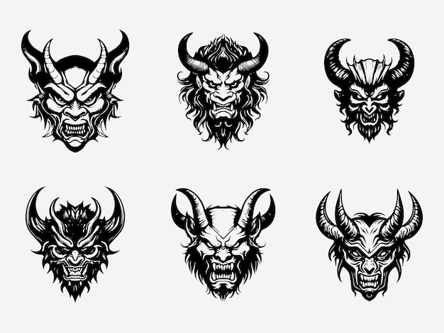 Devil head black and white illustration logo set