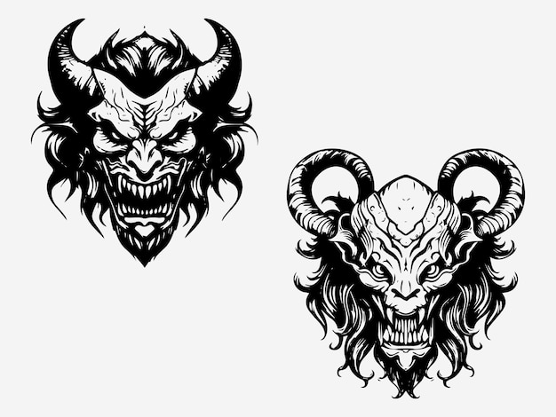 Devil head black and white illustration logo set