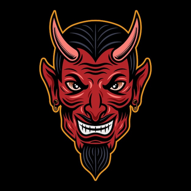 Devil head colored illustration in cartoon style isolated on dark background