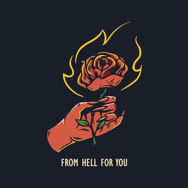 Devil holding rose hand drawn illustration