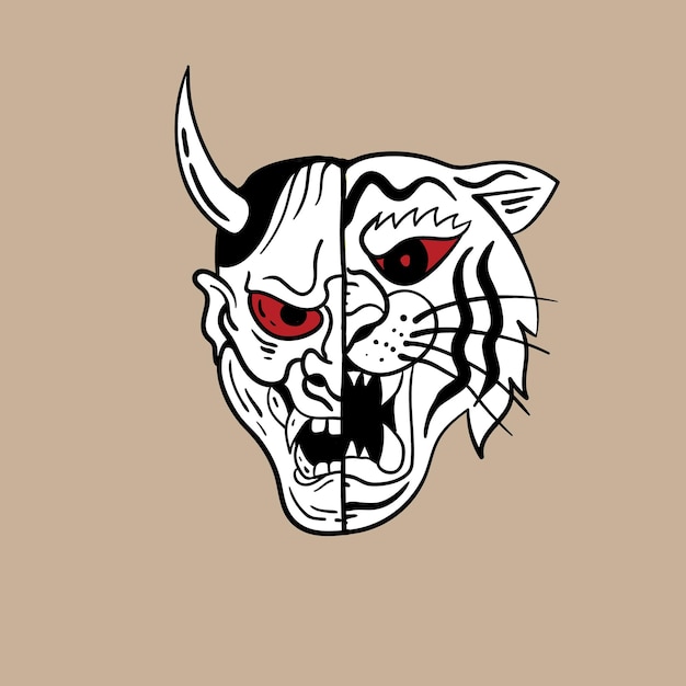 Devil mask and tiger black and white illustration print on tshirts sweatshirts and souvenirs Premium