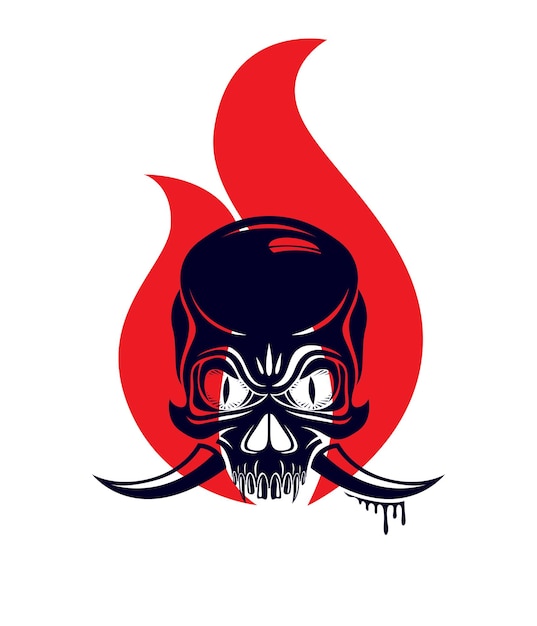 Devil sign horned skull in flames vector illustration classic style tattoo, dead scull with animal horns on fire.
