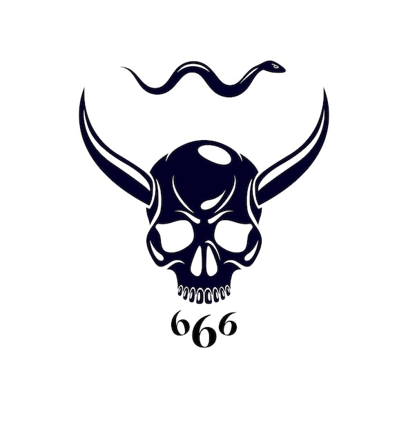 Devil sign horned skull vector illustration classic style tattoo, dead scull with animal horns.